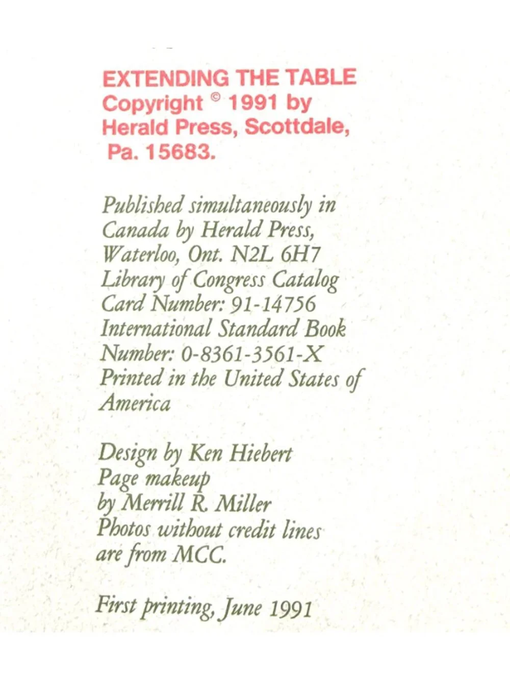 Extending The Table World Community Cookbook Spiral-Bound Recipes & Stories 1991